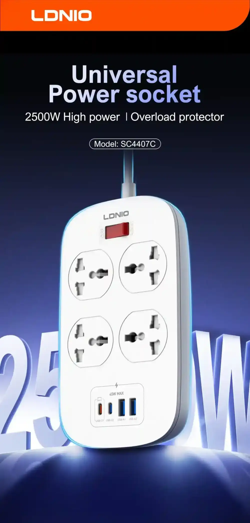 A clean studio shot of the LDNIO SC4407C universal outlet 45W USB power strip