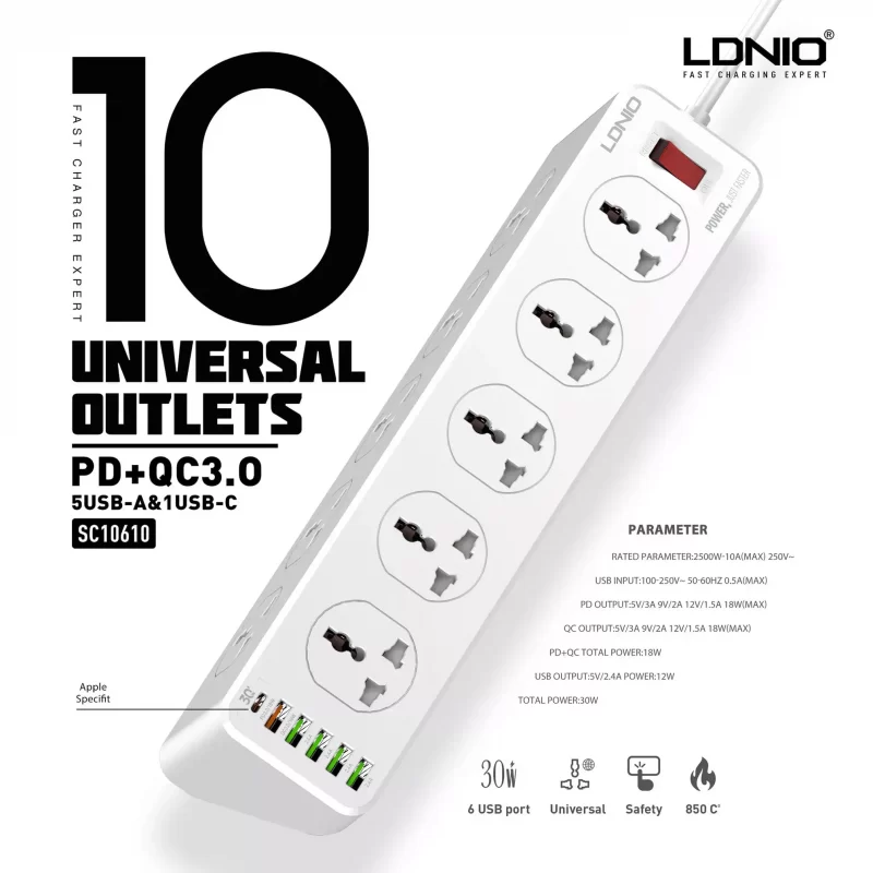LDNIO SC10610 30W 6-Port USB Charger Power Strip with 10 Sockets