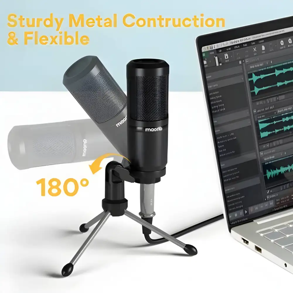 A crisp studio close-up of the MAONO AU-PM360TR condenser microphone