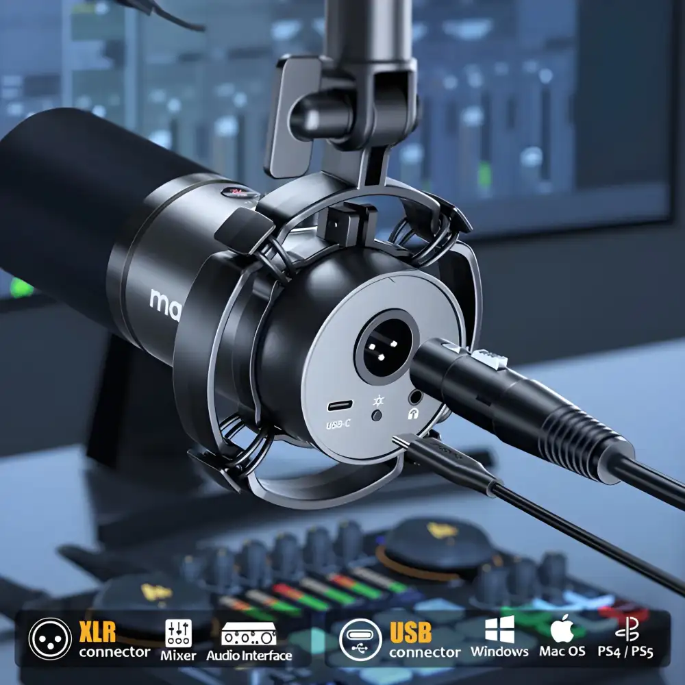 A desk setup image featuring the microphone connected via USB to a laptop during a podcast session,
