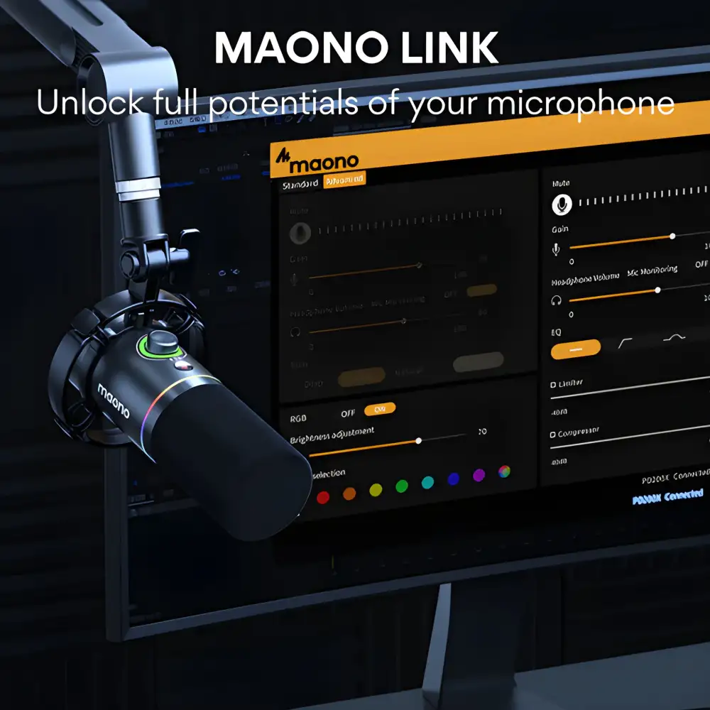 A crisp studio close-up of the MAONO PD200X USB/XLR dynamic microphone,