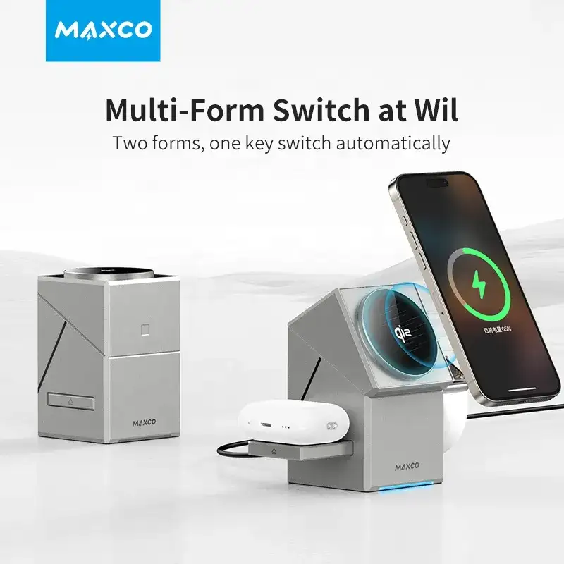 MAXCO 3-in-1 Foldable Charging Station MAXCO Geometry Qi2 Magnetic Wireless Charger foldable design and multiple charging modes