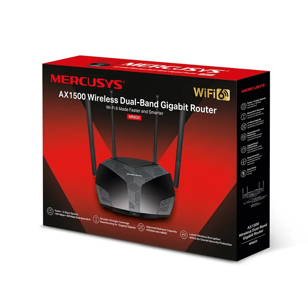 A clean studio shot of the Mercusys MR60X AX1500 WiFi 6 Router,