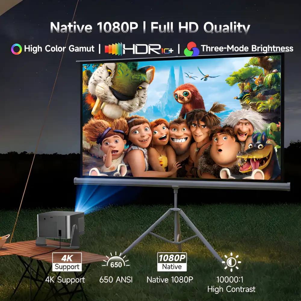 An outdoor setup photo with the projector displaying a vibrant movie scene on a wall