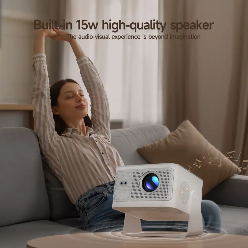 A living-room setup image with the HY350MAX projecting a bright,