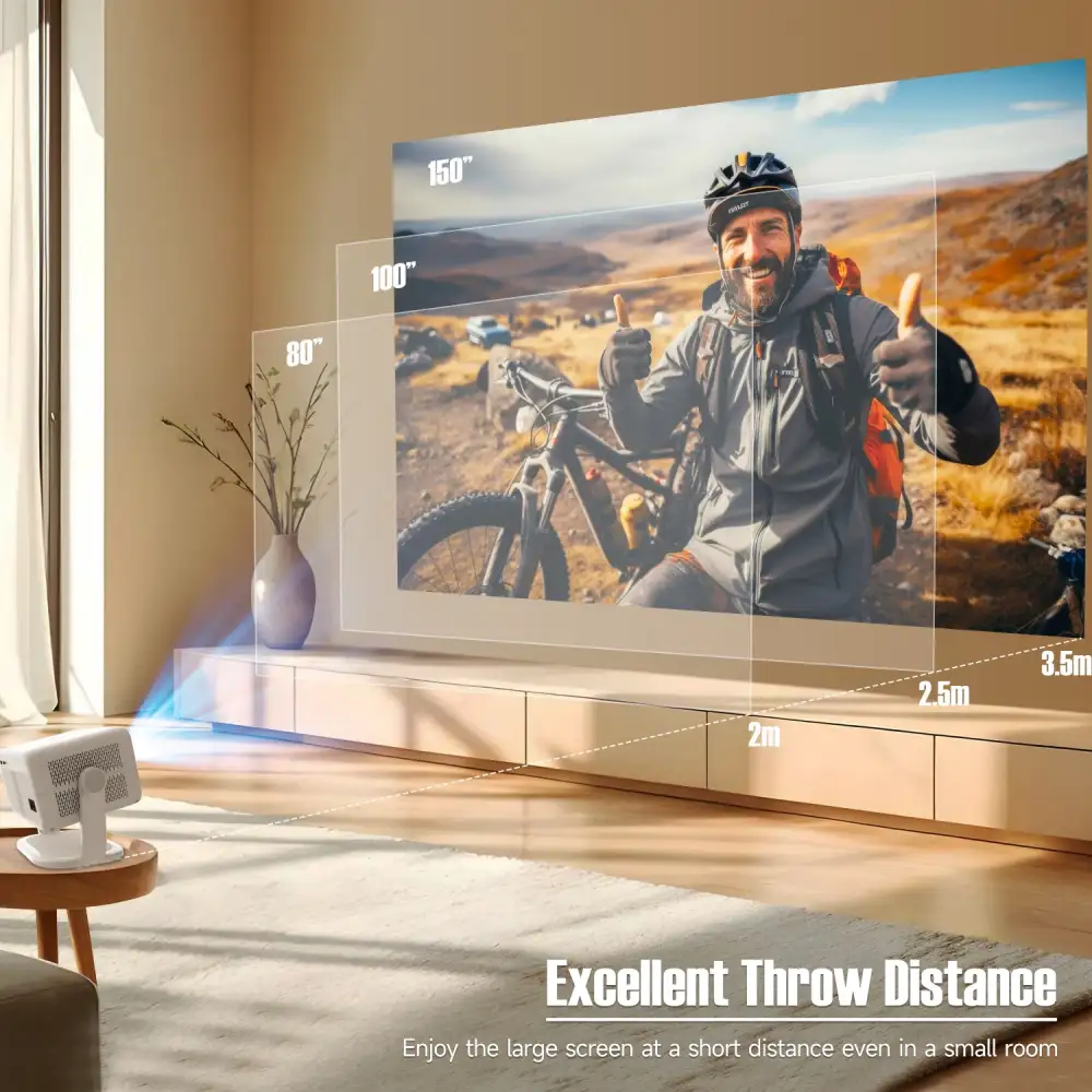 An outdoor movie night scene with the L018 projecting a vibrant image on a screen or wall