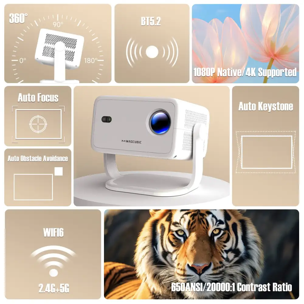 A lifestyle image showing the projector beside a backpack and smartphone,