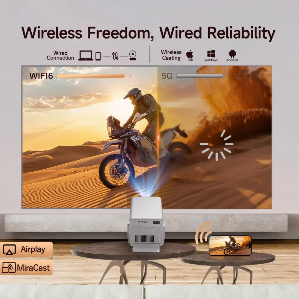 A close-up angle focusing on the smart projector’s interface and connectivity ports