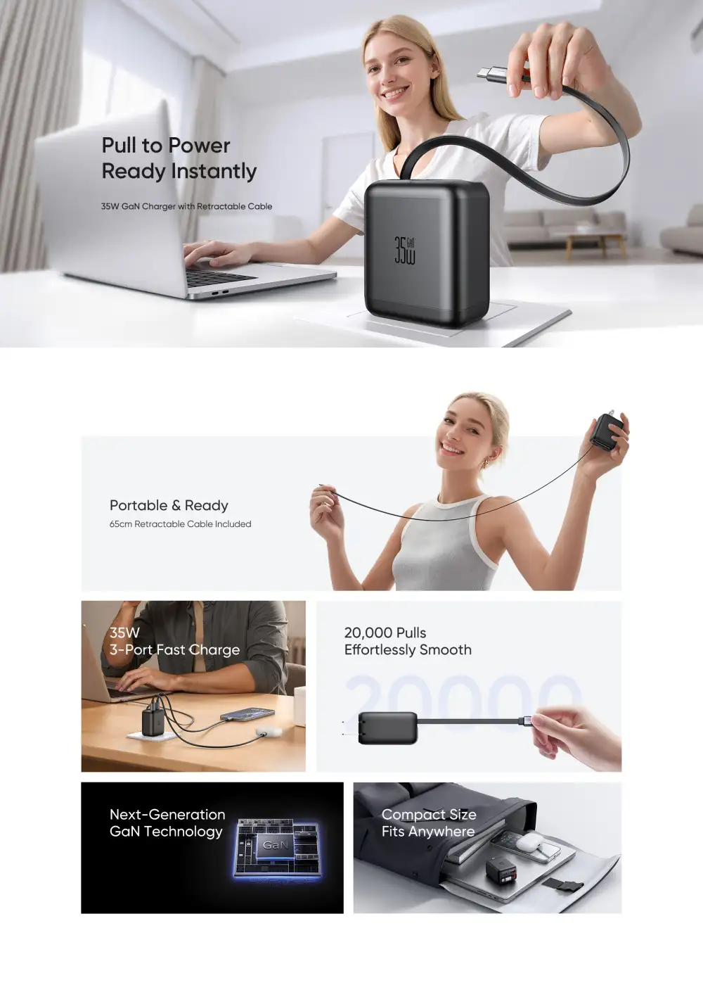 Mcdodo 35W FreeGo GaN charger with built-in retractable cable