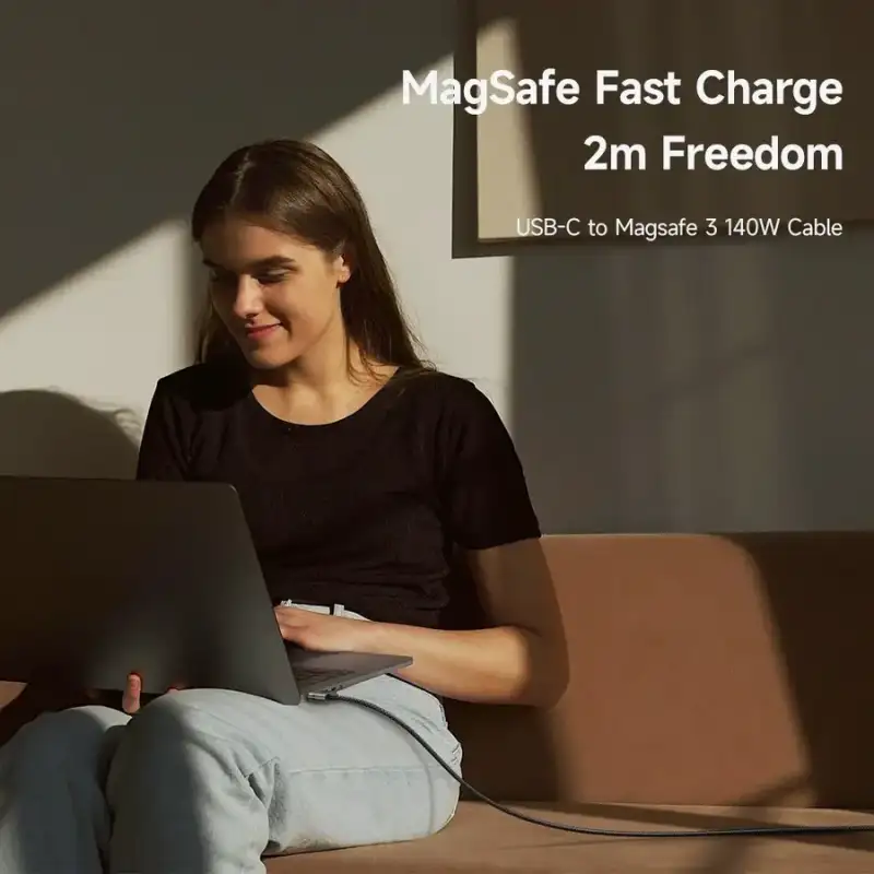 A lifestyle image showing the cable connected to a MacBook or iPhone with MagSafe 3,