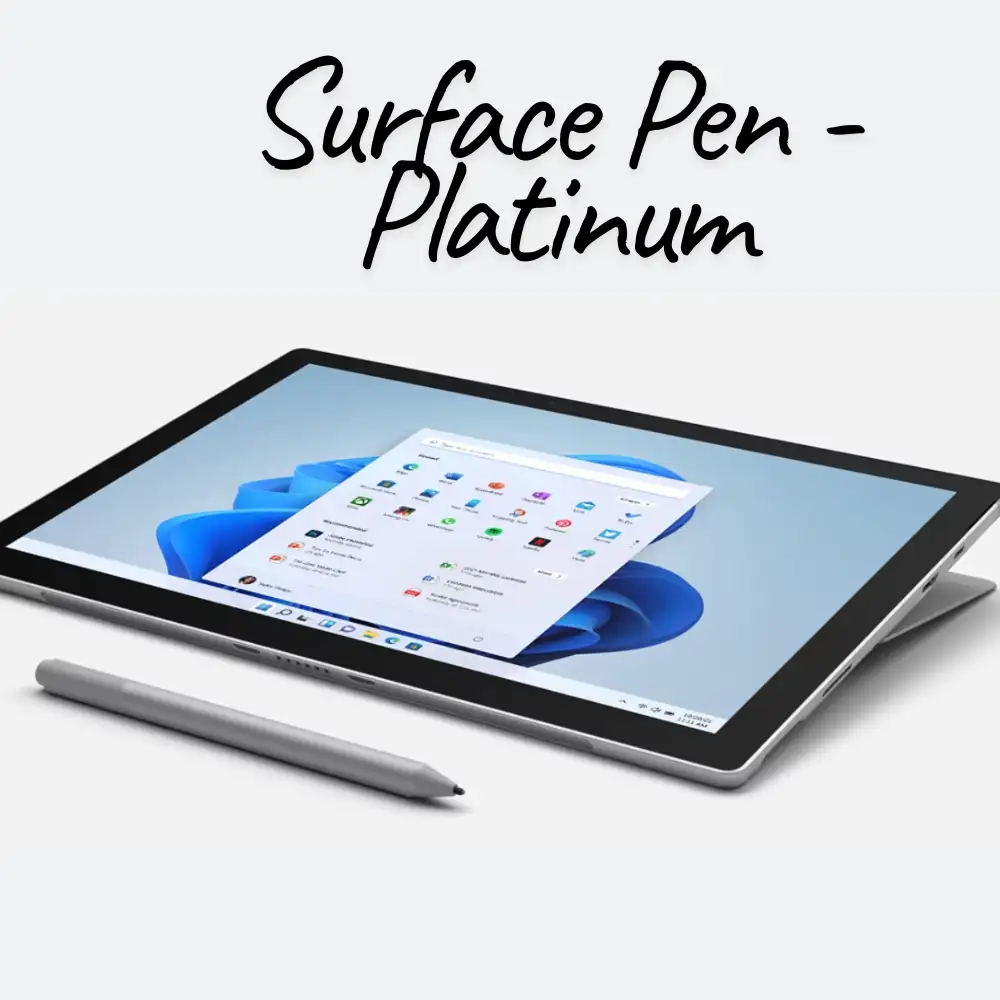 A crisp studio close-up of the Microsoft Surface Pen Platinum,