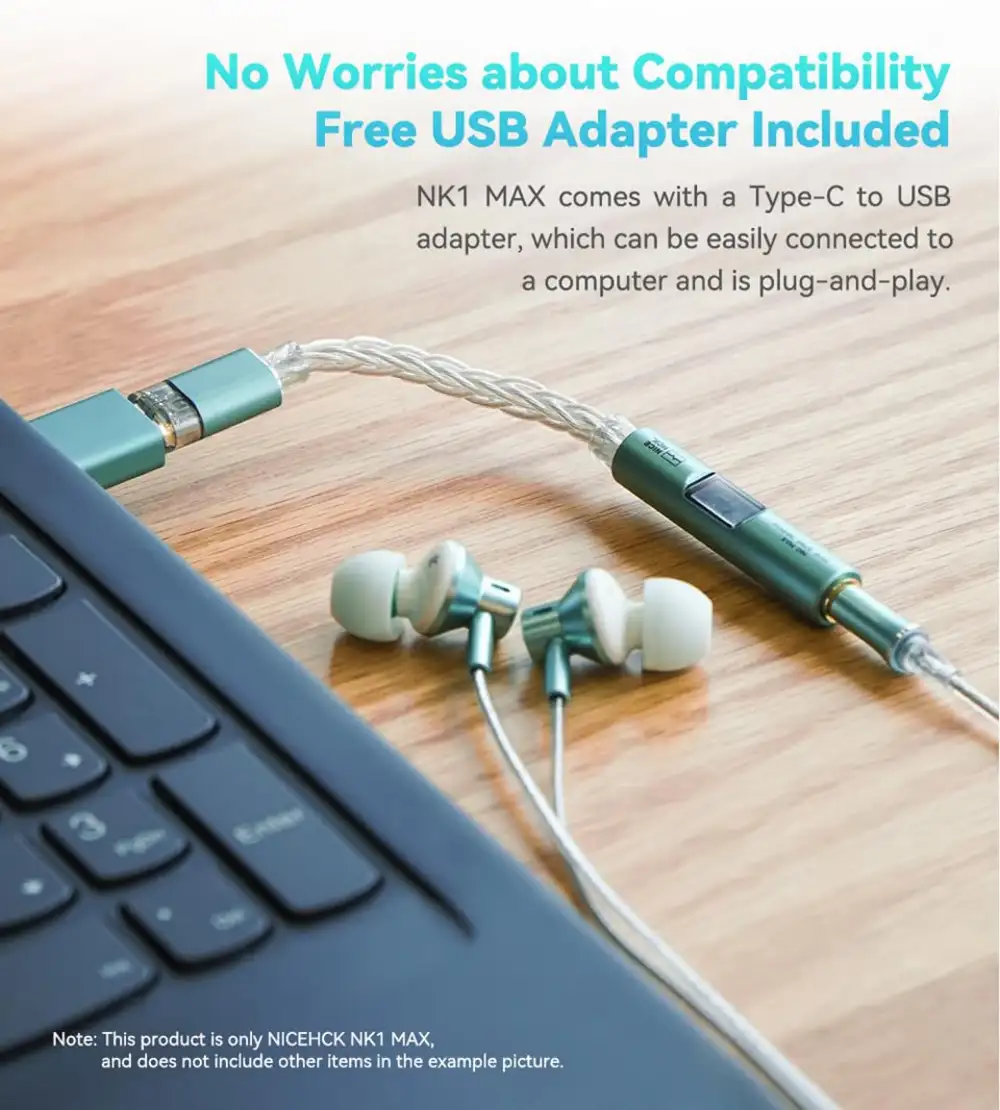 NICEHCK NK1 MAX Type C DAC dongle connected to laptop with IEM earphones for high resolution audio