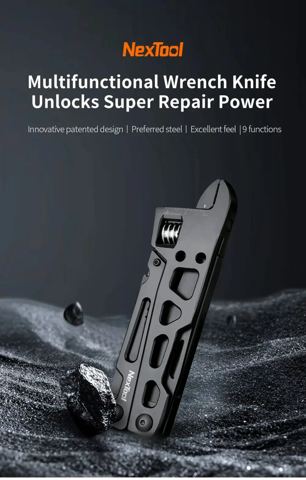 A clean studio close-up of the NexTool Vanguard multi-functional wrench,