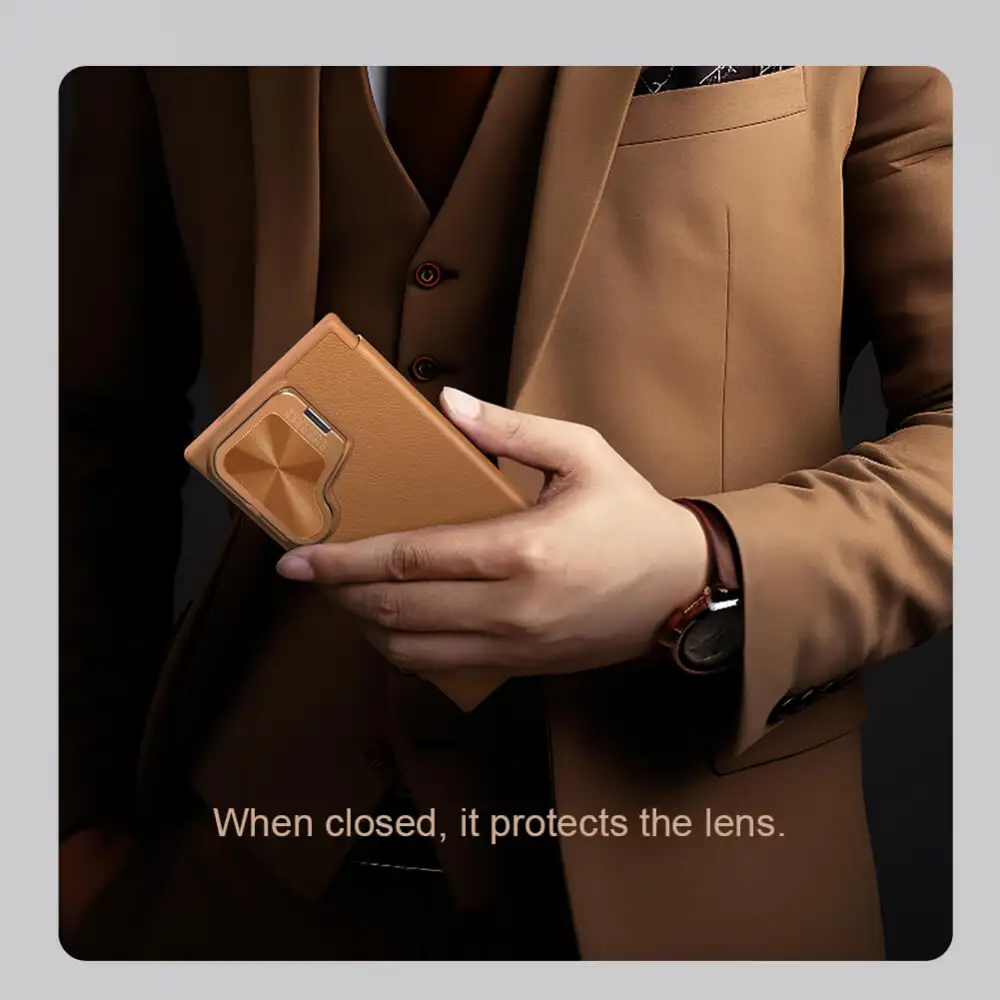 A sleek studio close-up of the Nillkin Qin Prop leather case for Samsung Galaxy S24 Ultra