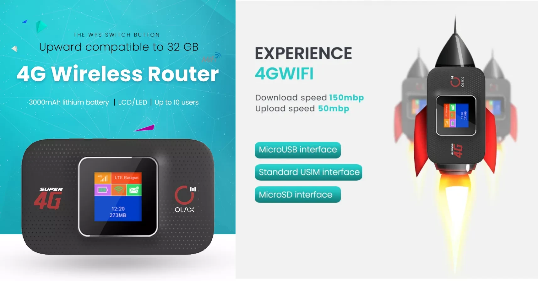 OLAX MF982 high-speed 4G LTE portable hotspot device 3000mAh