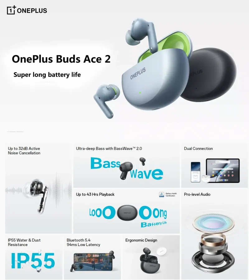 OnePlus Buds Ace 2 TWS earbuds with ANC long battery life bass sound and IP55 water resistance features