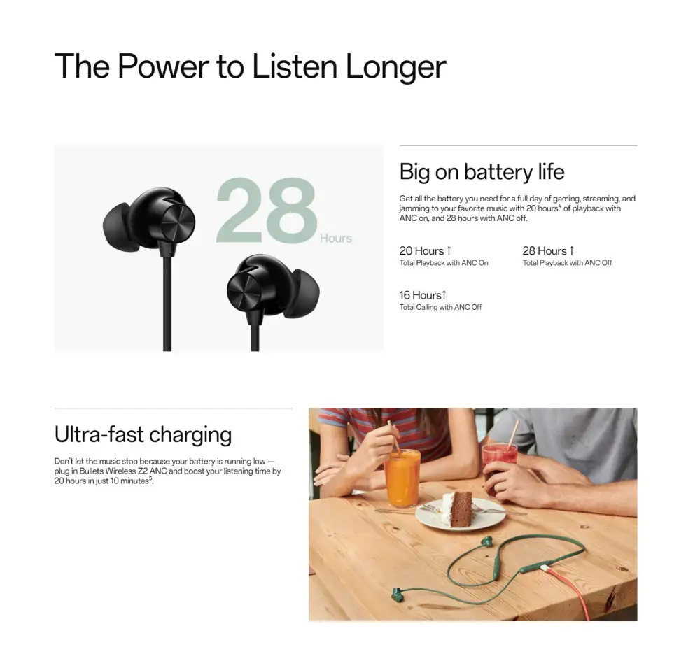 A black OnePlus Bullets Wireless Z2 ANC neckband with a flexible neckband design and magnetic earbuds.