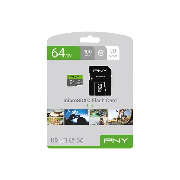 PNY Elite 64GB microSDXC flash card with adapter Class 10 UHS-I packaging