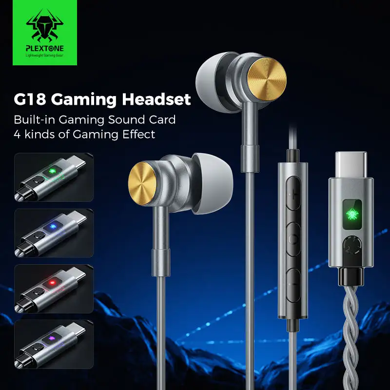 A crisp studio close-up of the Plextone G18 Type-C wired gaming earphone,