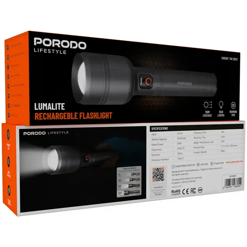 A crisp studio shot of the Porodo Lifestyle Lumalite 2500 rechargeable flashlight,