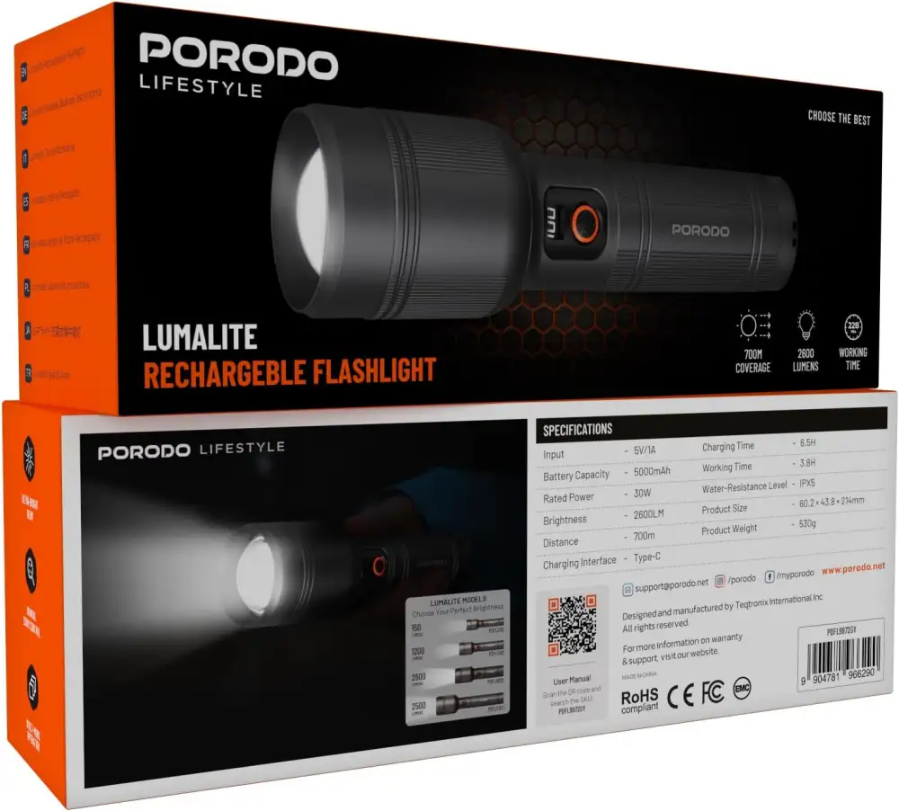 Porodo Lumalite 2600 30W rechargeable torch with strong beam