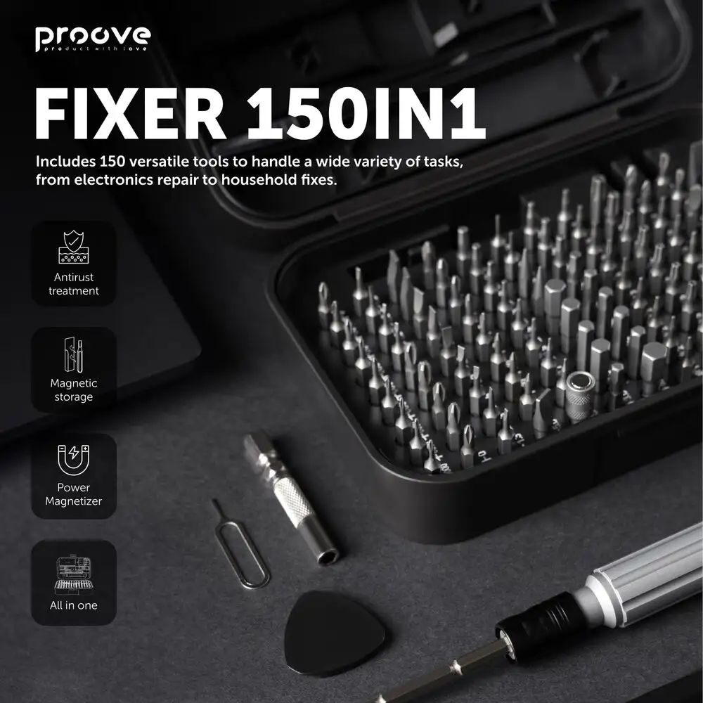 Proove Fixer 150-in-1 Screwdriver Repair Tool Kit Set- Black