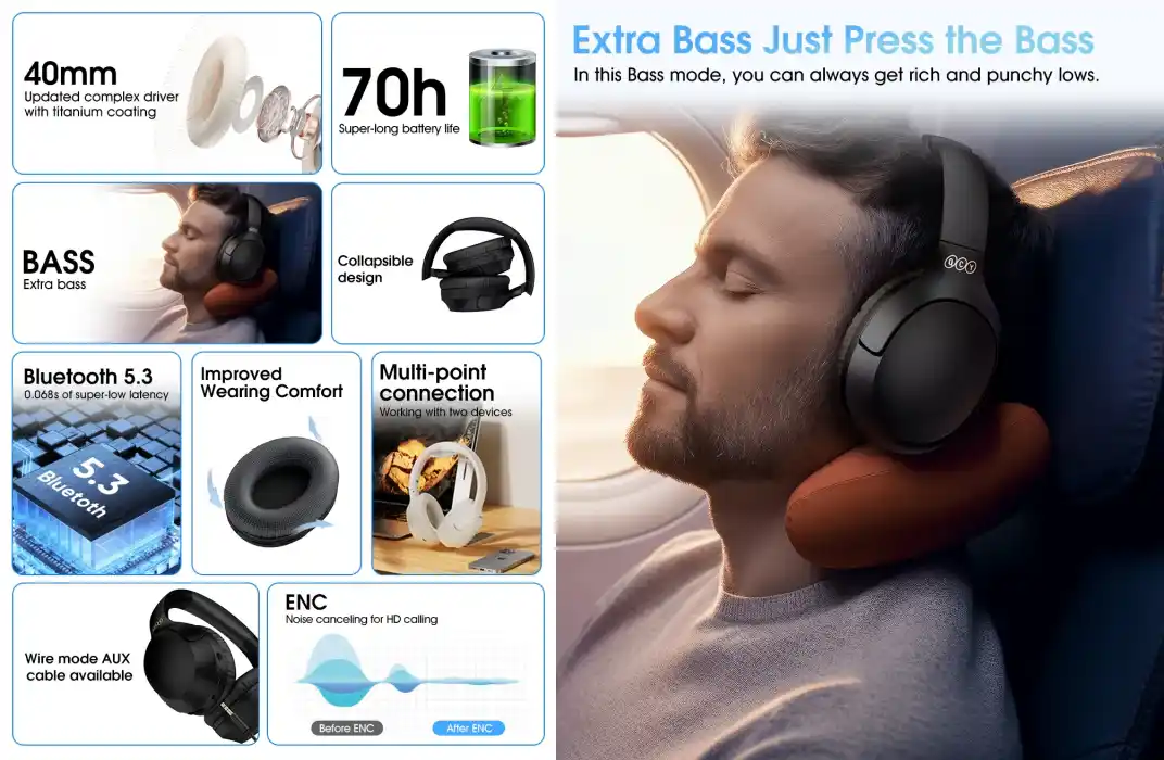 QCY H2 PRO wireless overhead headphones, highlighting their lightweight and ergonomic design for all-day comfort