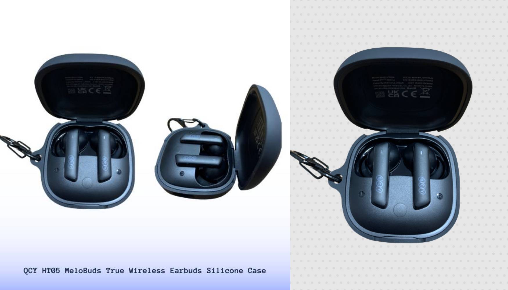 Dark green QCY Melobuds HT05 protective case open with earbuds inside