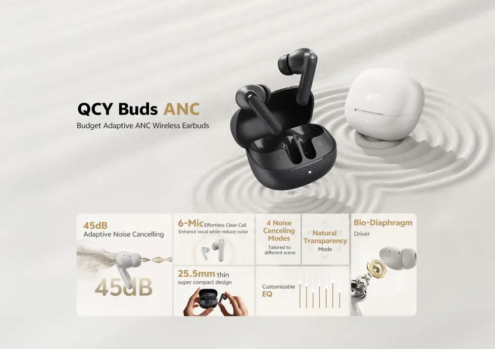 QCY HT15 Adaptive 45dB ANC True Wireless Earbuds with sleek design, noise cancellation, and ergonomic fit on display