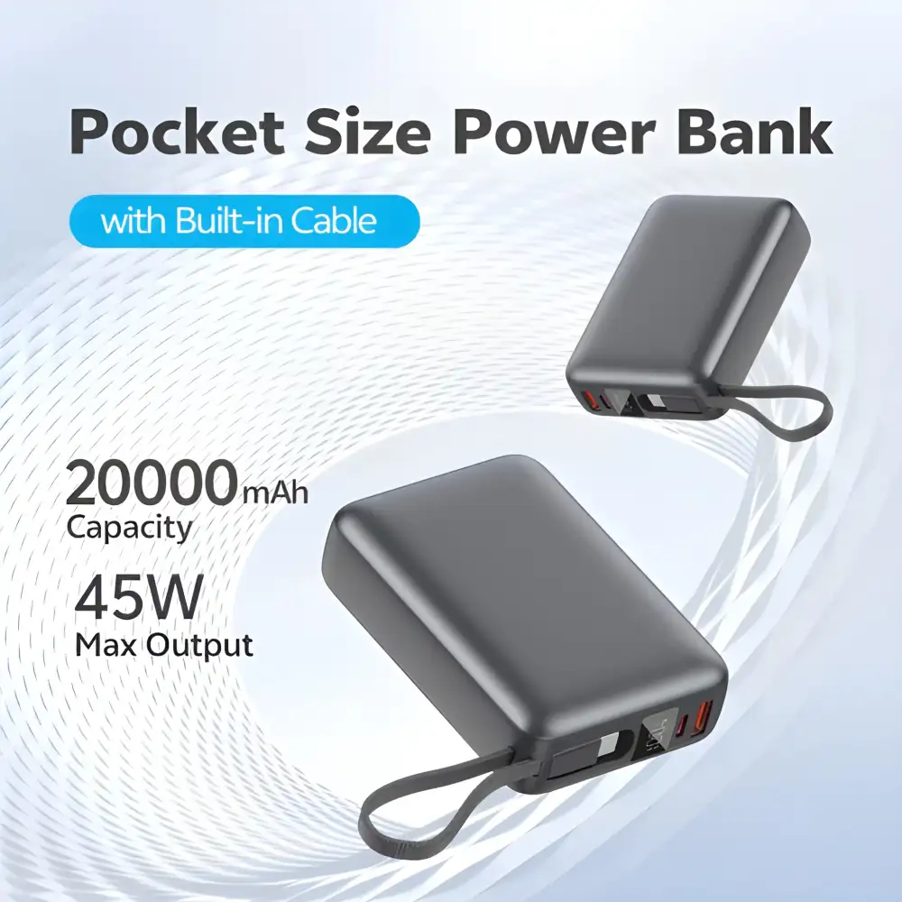 QCY PB20A 20000mAh 45W PD fast charging power bank with built-in cable