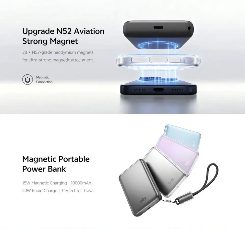 QCY PBW10A Magnetic Power Bank 10000mAh with magnetic wireless charging and 22.5W wired fast charging