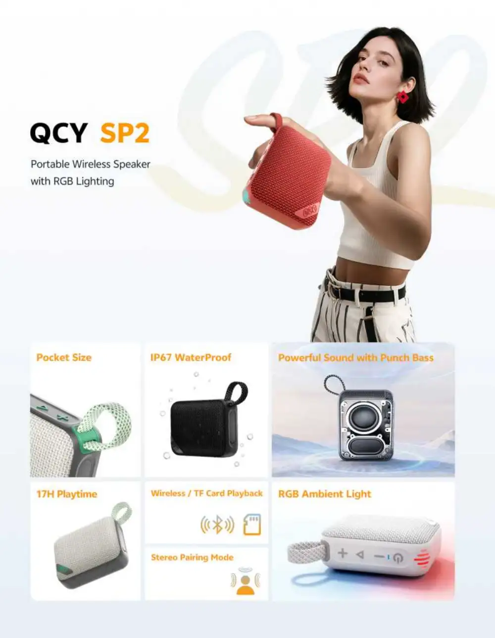 Photo of the QCY SP2 Portable Wireless Speaker showing vibrant RGB lighting in a dark party scene.