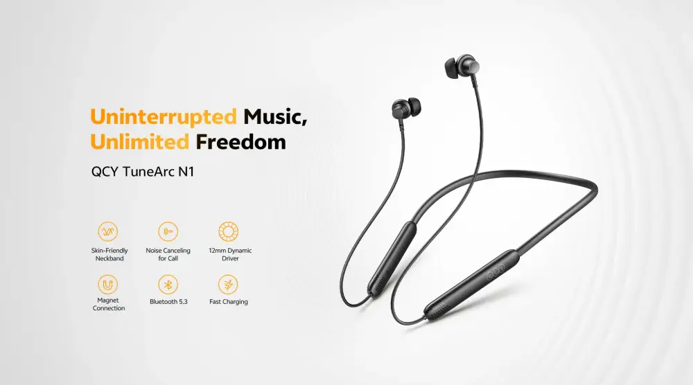 QCY TuneArc N1 sports neckband with skin-friendly silicone material