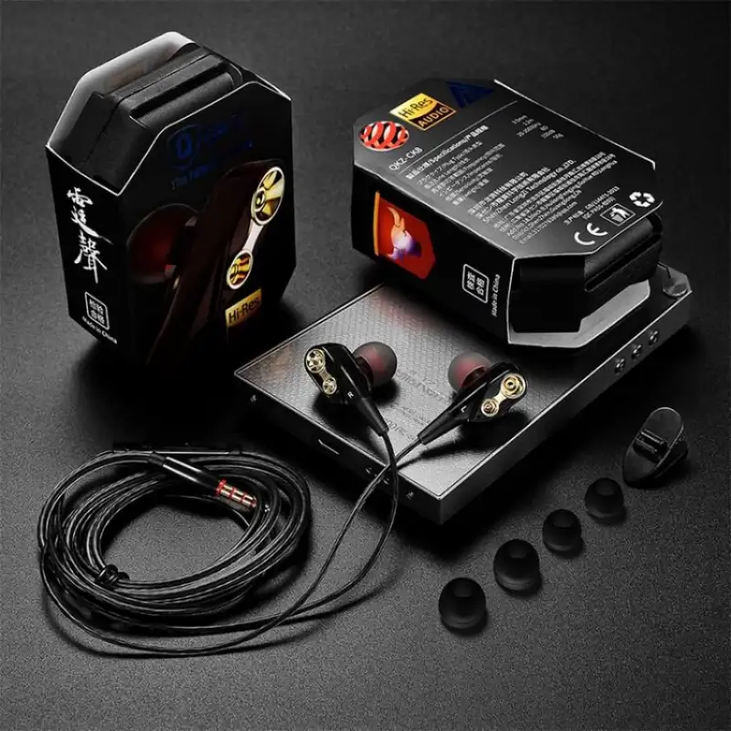 Stylish QKZ CK8 wired sports earphones with mic displayed on a dark background showcasing metallic finish.