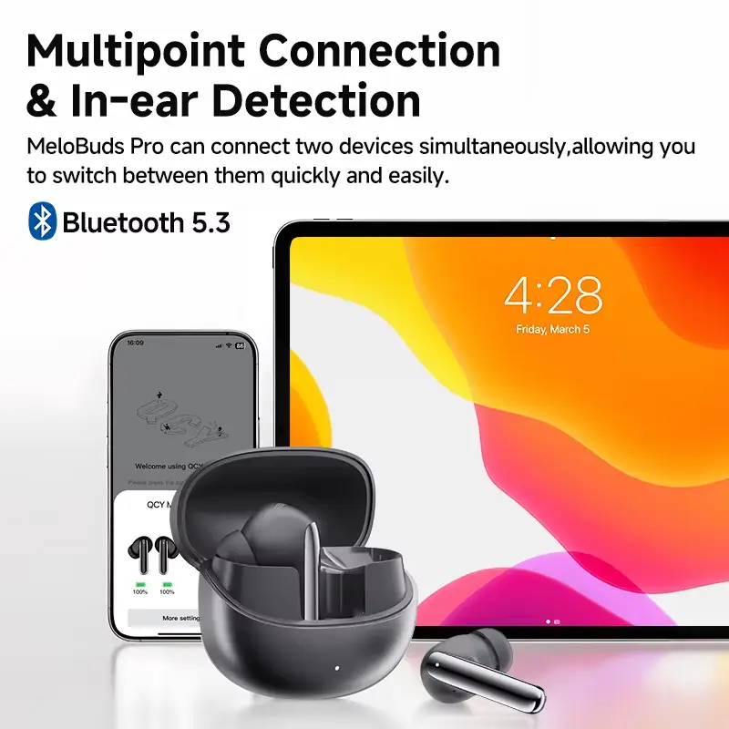 Close up of QCY HT08 MeloBuds Pro earbud design and 12mm drivers