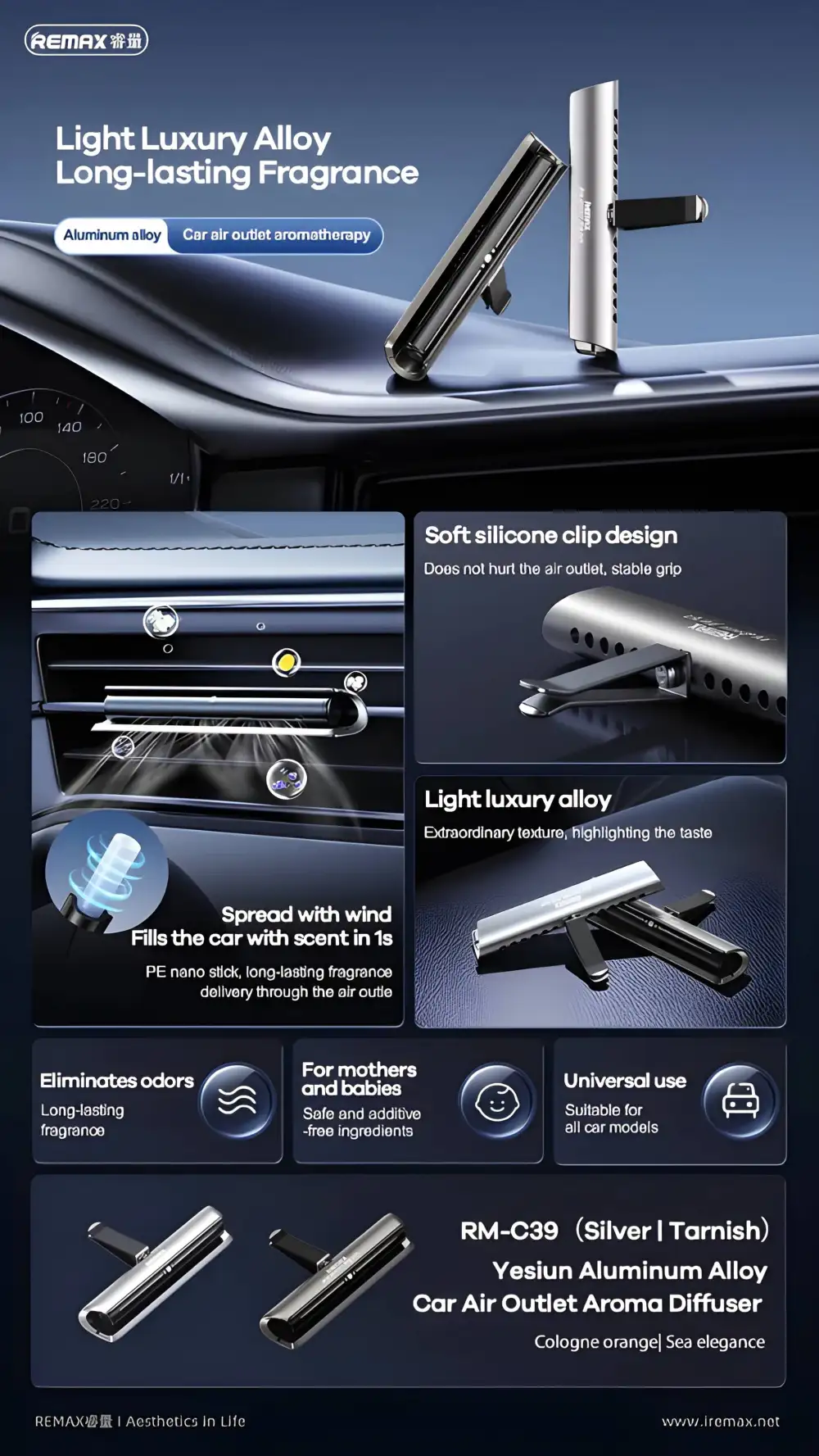 A sleek studio close-up of the REMAX RM-C39 Yesiun aluminum alloy car air vent aroma diffuser,