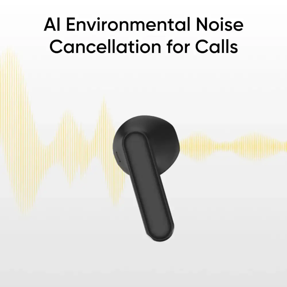 A person using the Realme Buds T01 for a phone call in a busy environment, emphasizing the AI Environmental Noise Cancellation feature