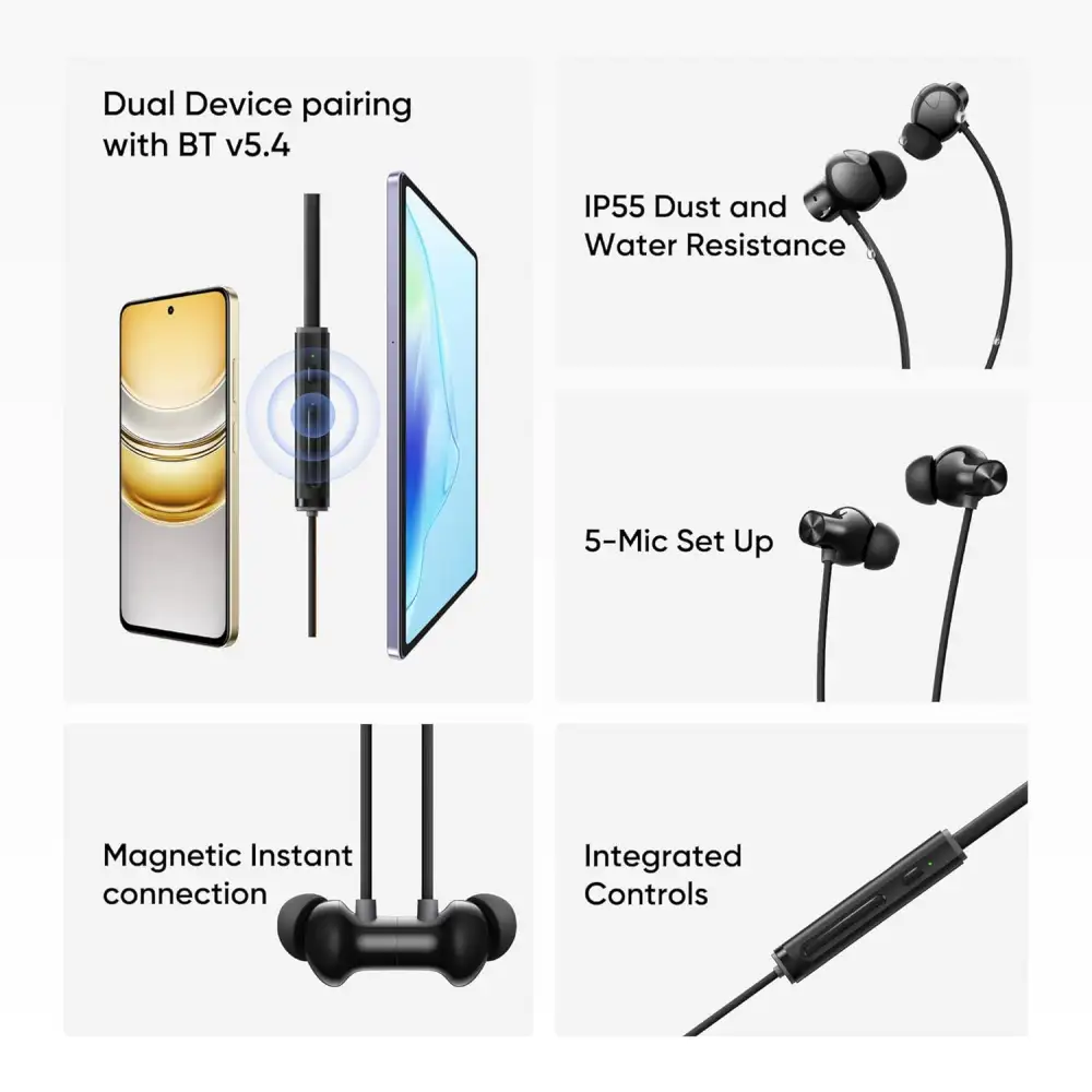 Realme Buds Wireless 5 ANC neckband earphones featuring 50db active noise cancellation for enhanced audio clarity