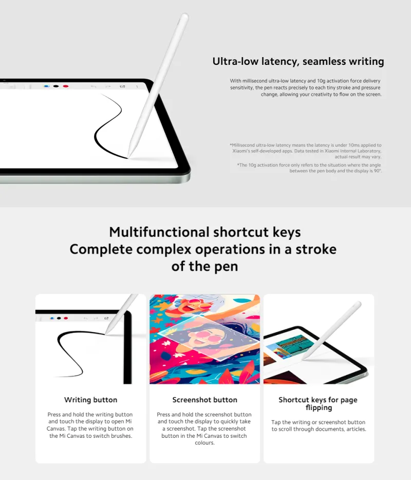 Redmi Smart Pen Features for Redmi Pad Pro Redmi Smart Pen features ultra-low latency, shortcut keys, and smooth writing for Redmi Pad Pro