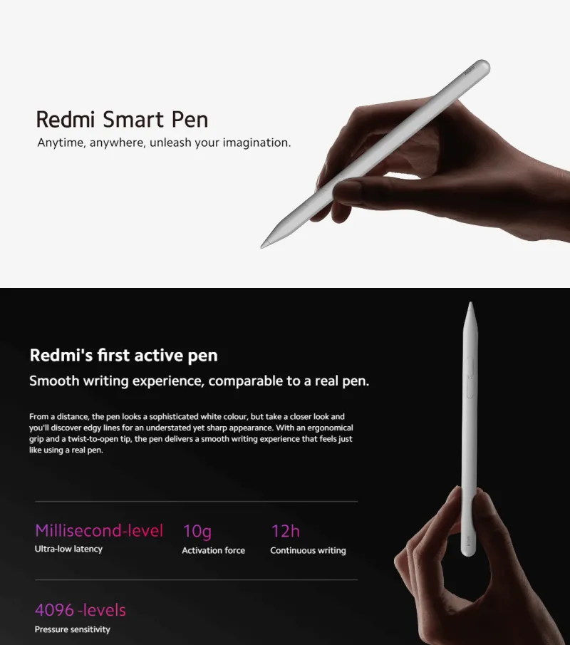 Redmi Smart Pen for Redmi Pad Pro with 4096 pressure sensitivity and ultra-low latency