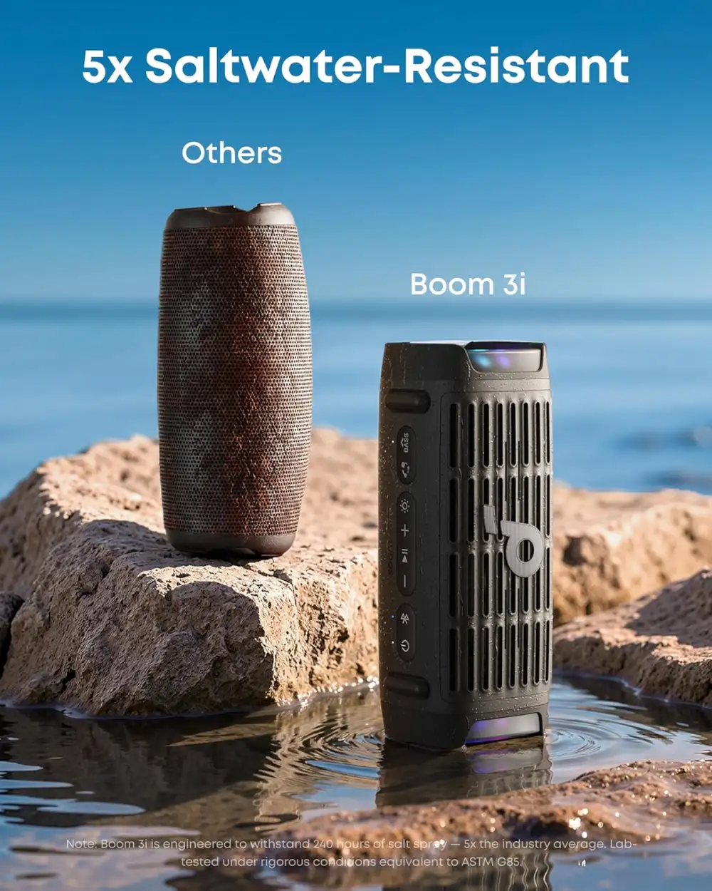 Anker Soundcore Boom 3i Portable Speaker showing 5x saltwater resistance