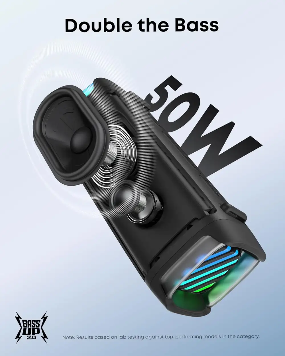 Anker Soundcore Boom 3i Portable Speaker showing 50W double bass