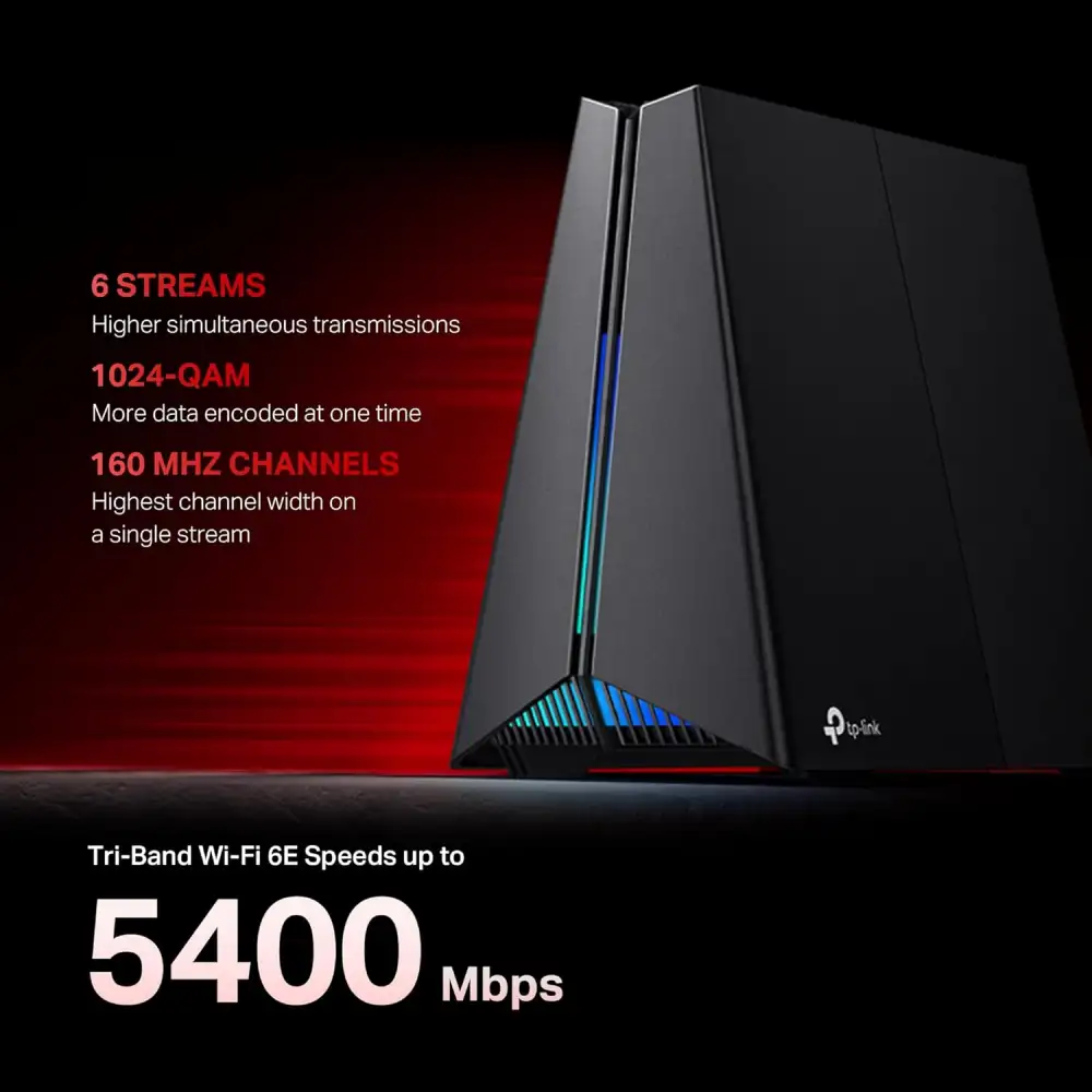 A powerful studio shot of the TP-Link Archer GXE75 AXE5400 Gaming Router