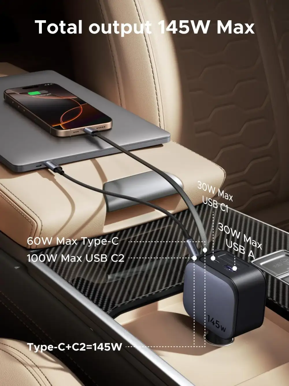 UGREEN 145W EC604 Retractable Car Charger With Built-in USB-C Cable