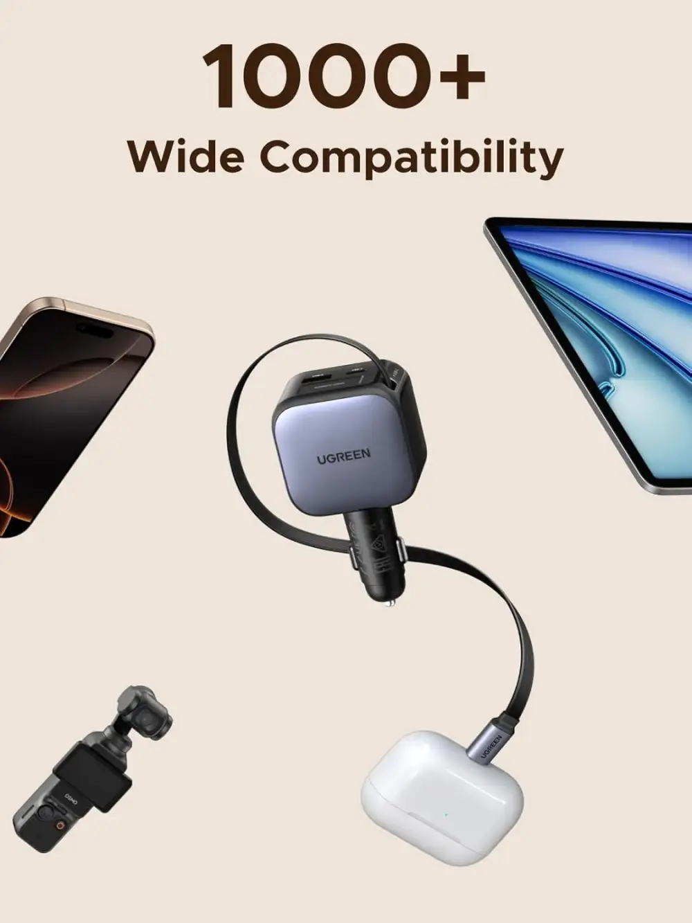 UGREEN 60W 2C1A Car Charger with Retractable Cable