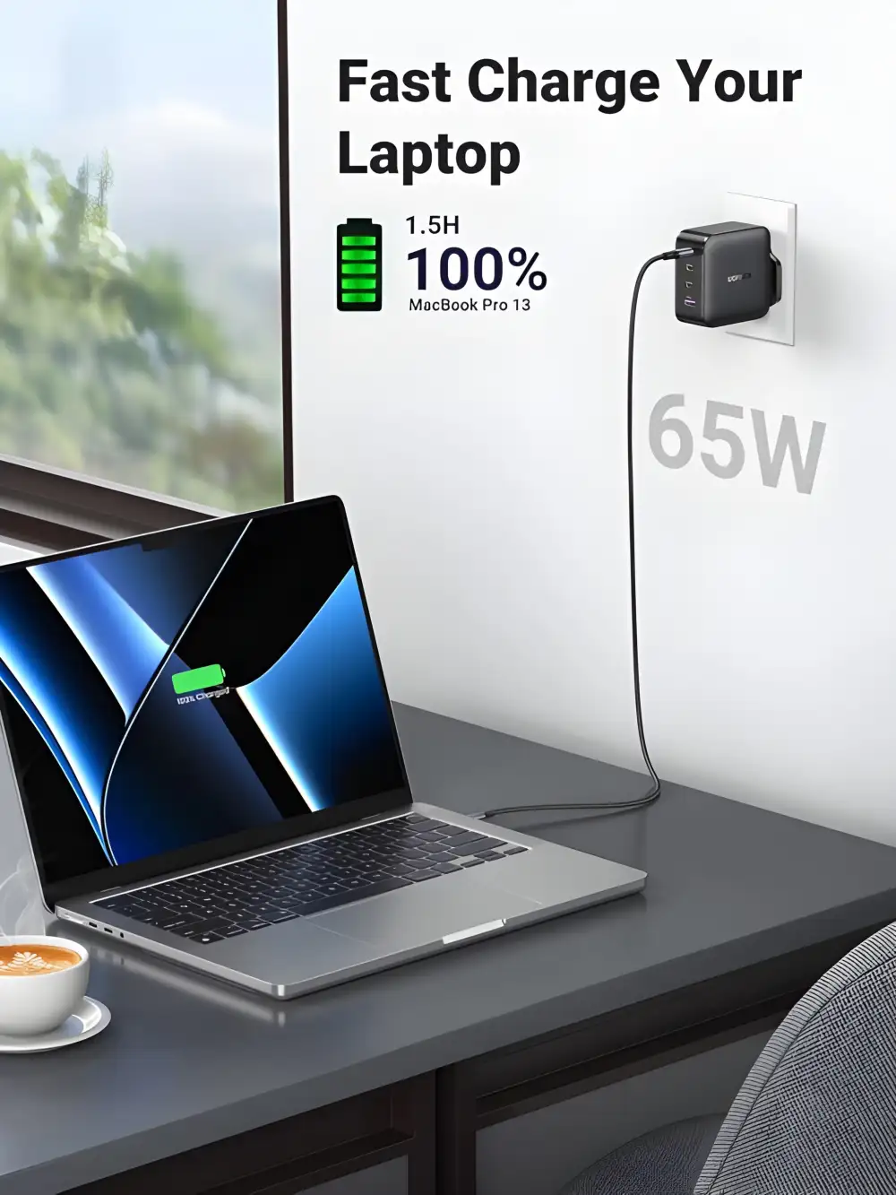 A close-up of the UGREEN CD224's ports (3x USB-C and 1x USB-A), showcasing its versatility for charging multiple devices