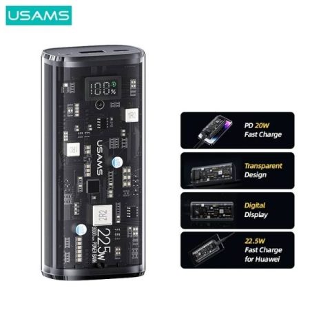 USAMS 9000mAh Transparent Digital Display Power Bank PD20W+QC3.0 Dual-port