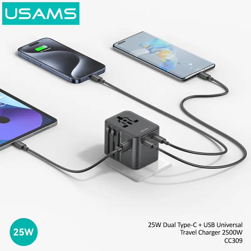 USAMS CC309 25W Dual Type-C and USB-A Ports Universal Travel Charger