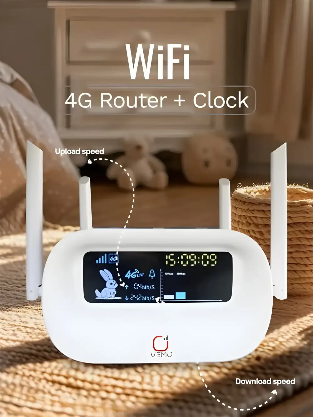 VEMO K12 4G LTE router with built-in clock display