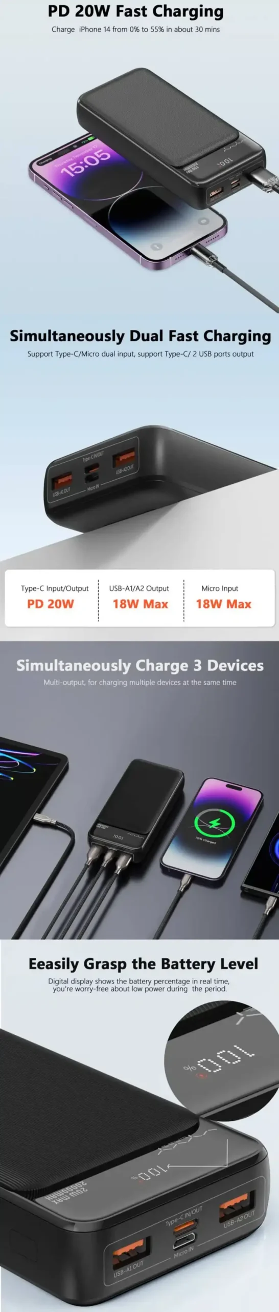 VYVYLABS VBP0220-02 Boya Digital Display Fast Charge 20000mAh 20W Power Bank